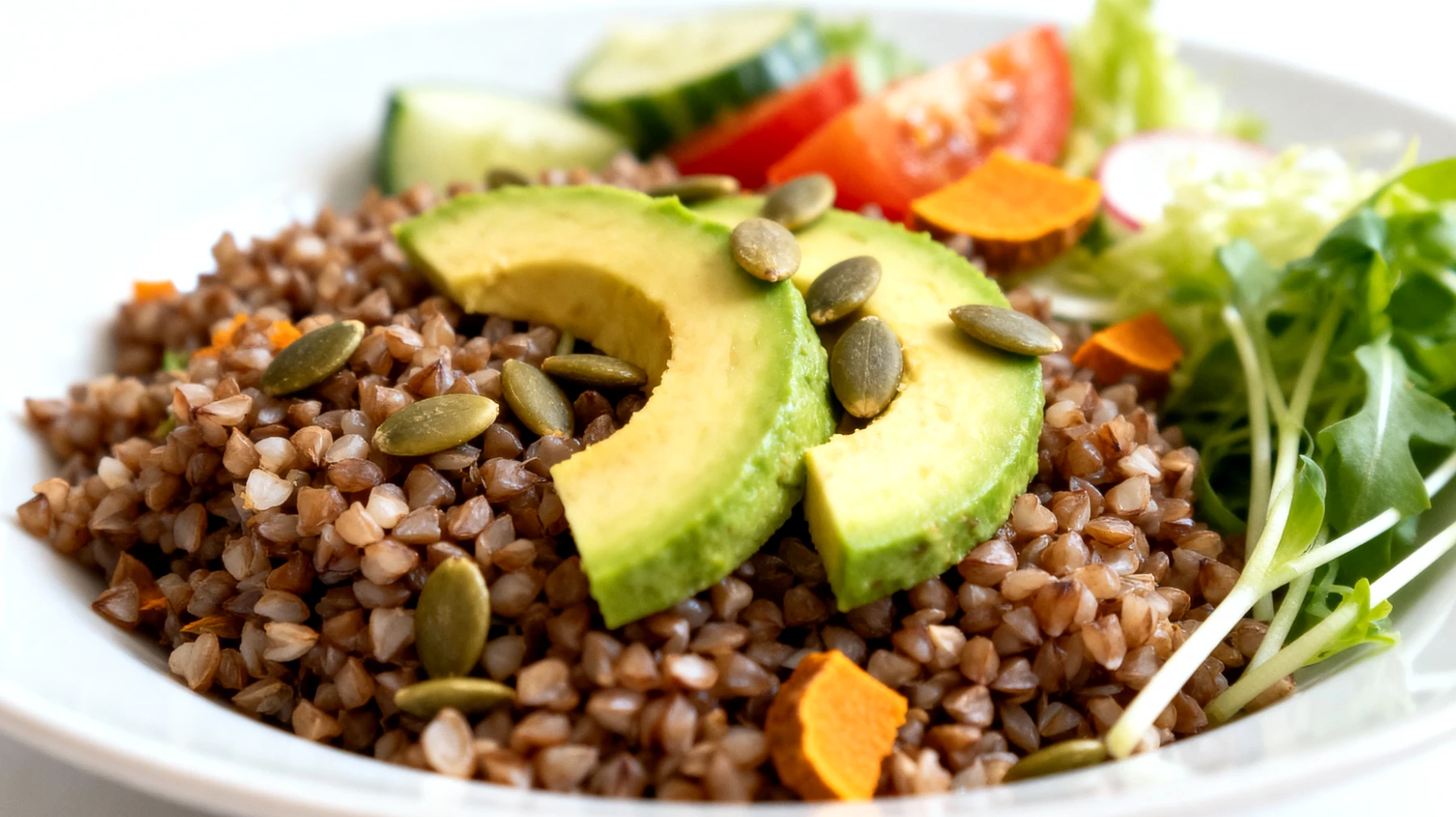 Insalata di grano saraceno con avocado, semi di zucca e verdure crude"