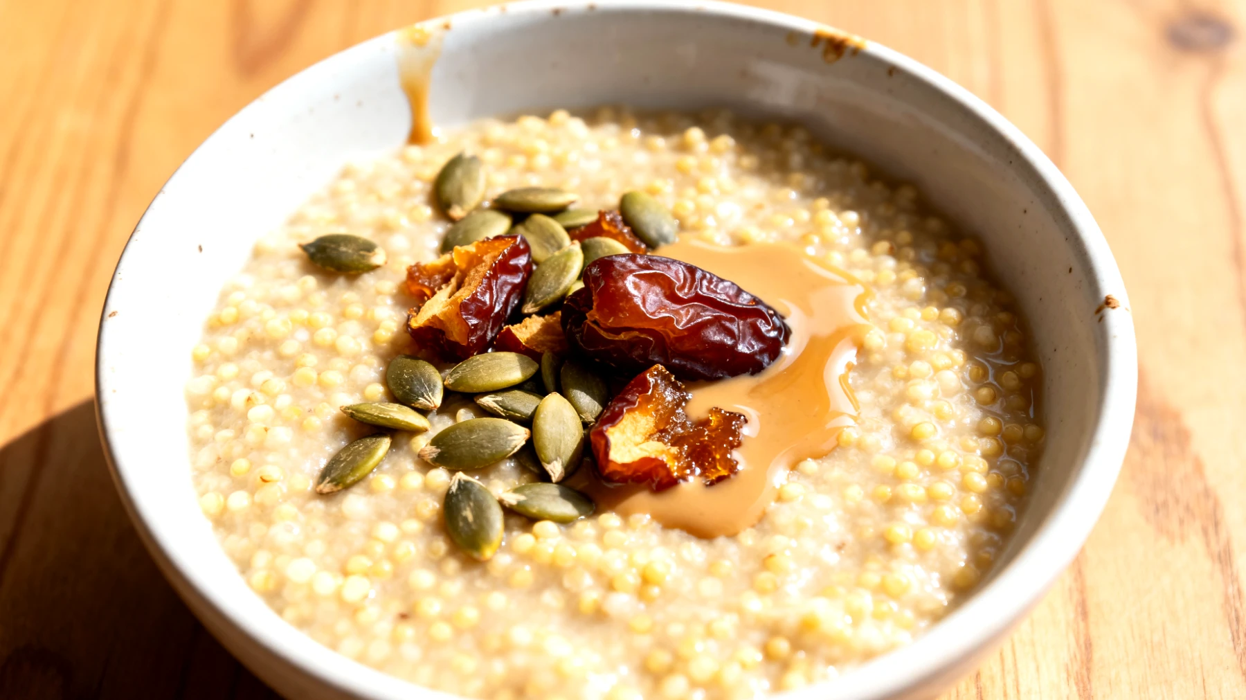 Porridge di miglio con semi di zucca, datteri e tahina"