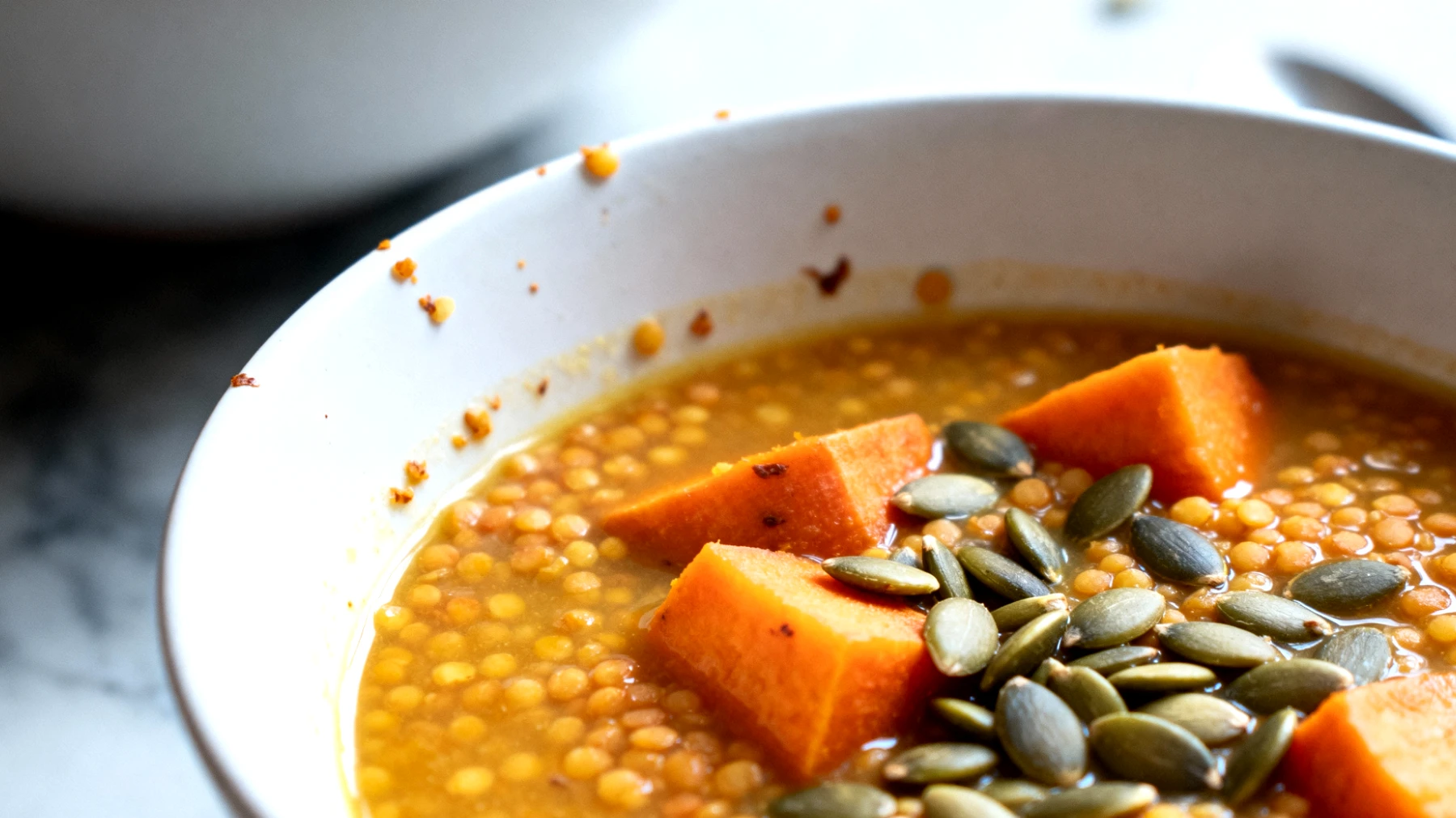 Zuppa di lenticchie rosse decorticate con patate dolci e semi di zucca"