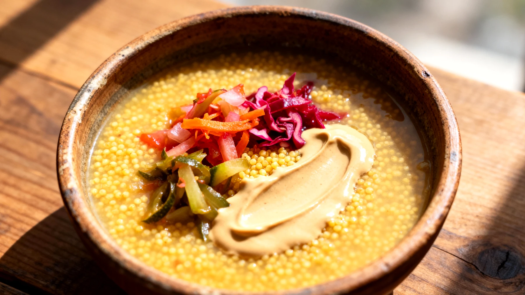 Zuppa di miglio con verdure fermentate e tahini"