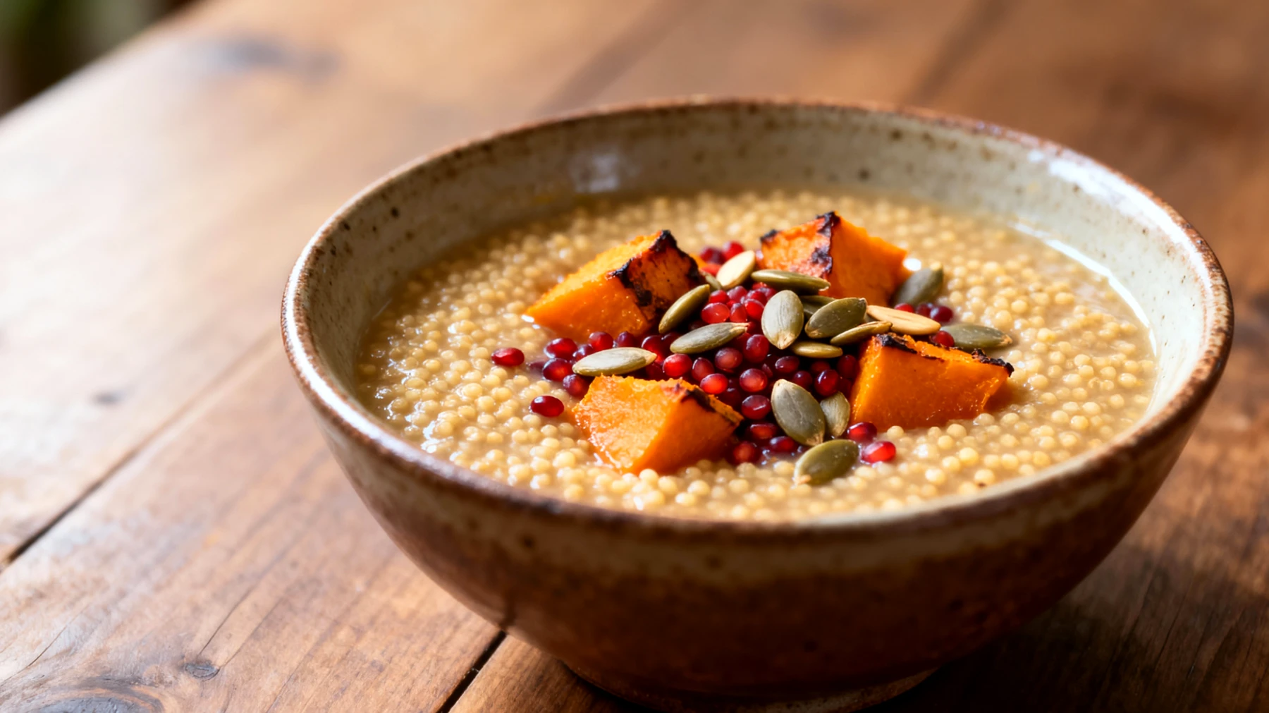 Zuppa di miglio con zucca, lenticchie rosse e semi di zucca"
